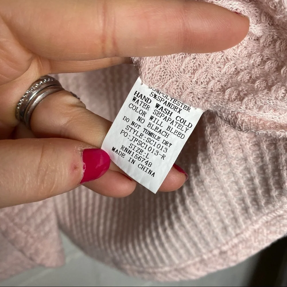 Soft Pink Waffle Weave Button Front V Neck Long Sleeve Top Size Large